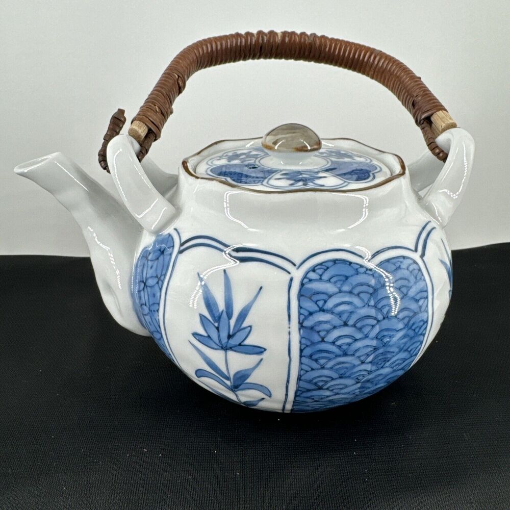 Japanese Teapot w/Wicker Handle Vintage Painted Ceramic 4.5” T x 6.5” L x 4.5” W